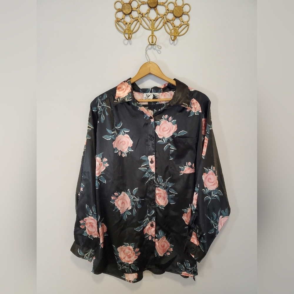 Black Floral Button Down Pajama Shirt - Picture 2 of 9